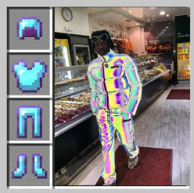 The archetypal Minecraft Armor Parody: pairing the holographic tracksuit outfit with matching recolored armor icons in the game's inventory layout.