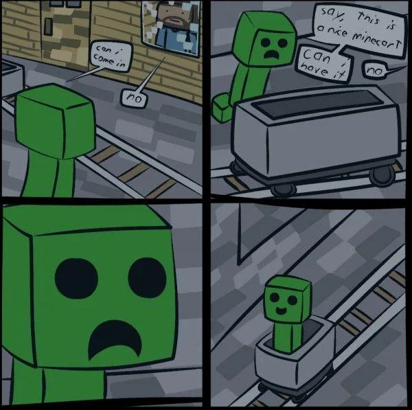 A popular fan-made comic depicting a Creeper's unexpected joy at claiming a minecart after being turned away by a player.