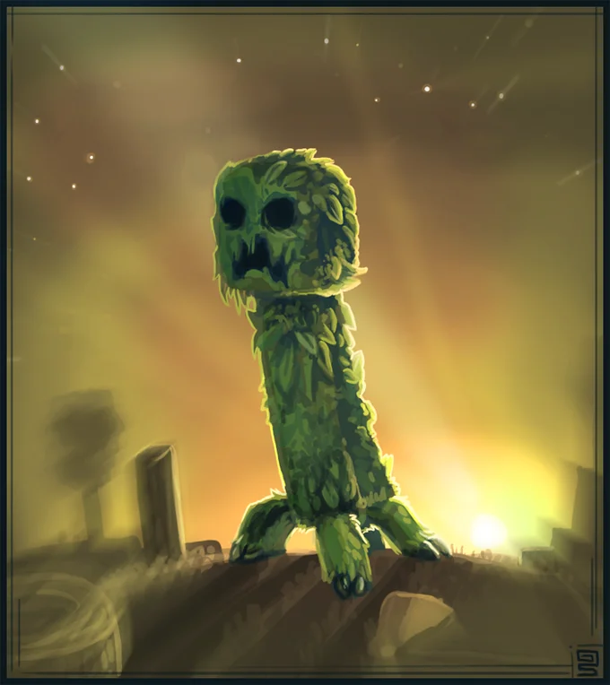 A dramatic reimagining of a Creeper as an overgrown, mossy creature standing amid a warmly lit dusk landscape.