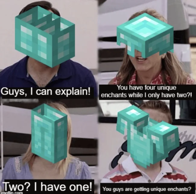 Minecraft players debating uneven enchantment collections.