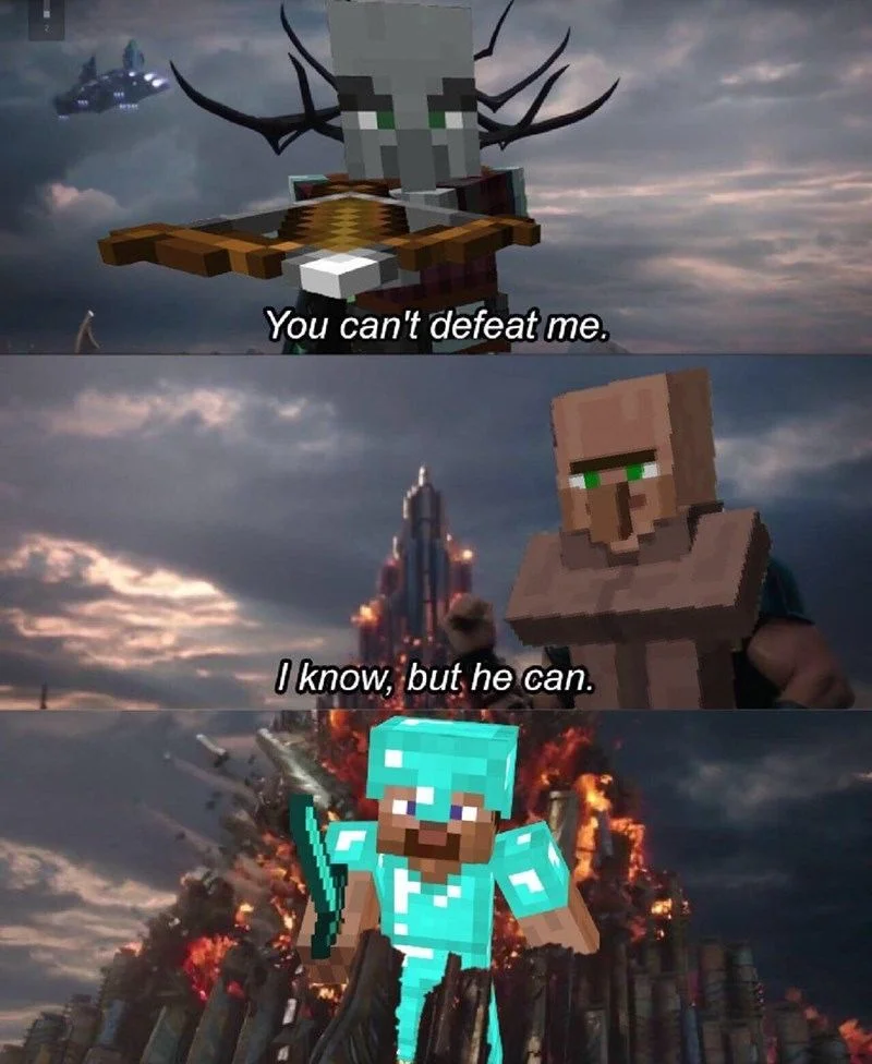 Steve defeats the Ender Dragon with villager assistance.