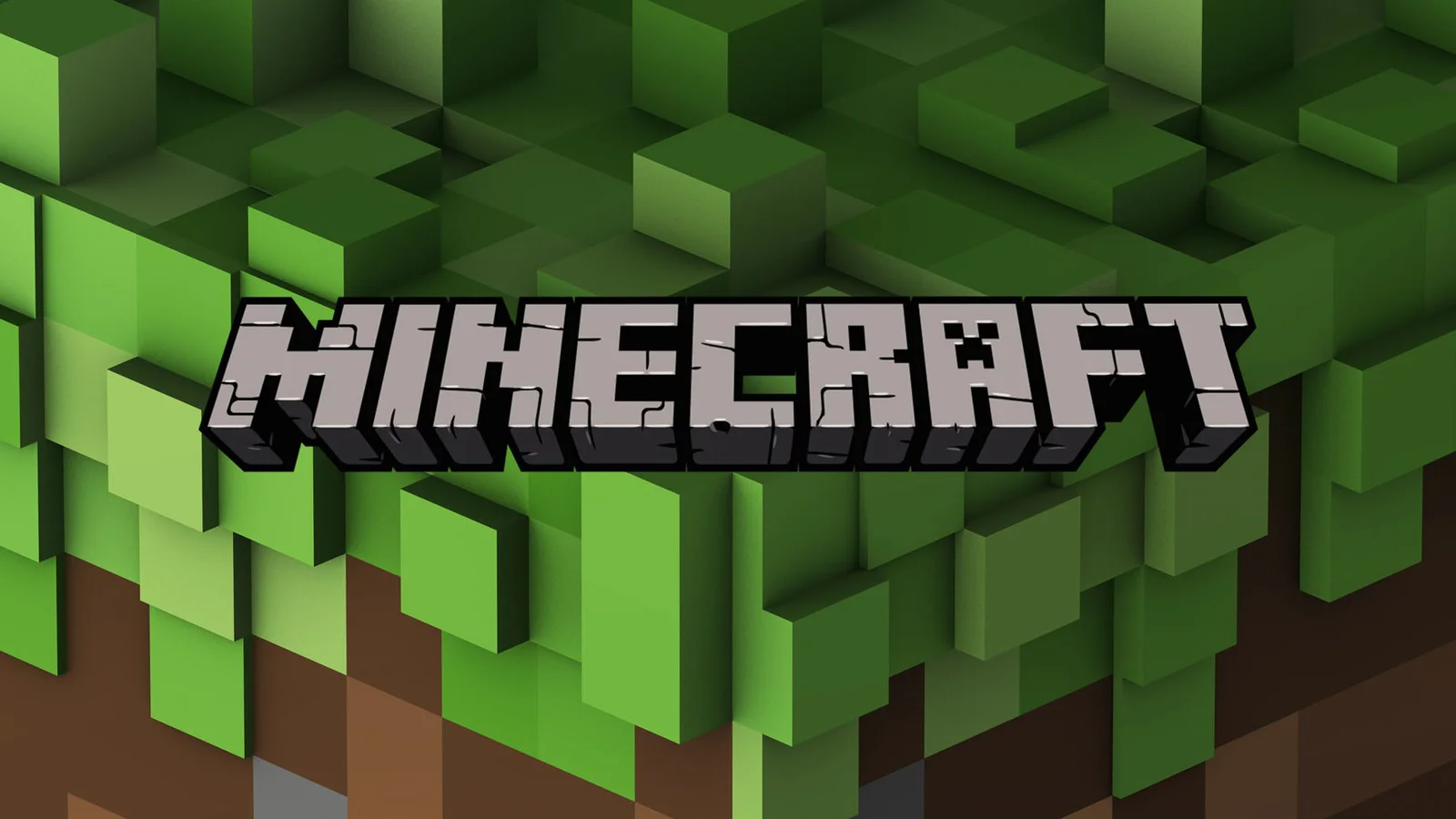 Minecraft's iconic logo and signature blocky terrain.