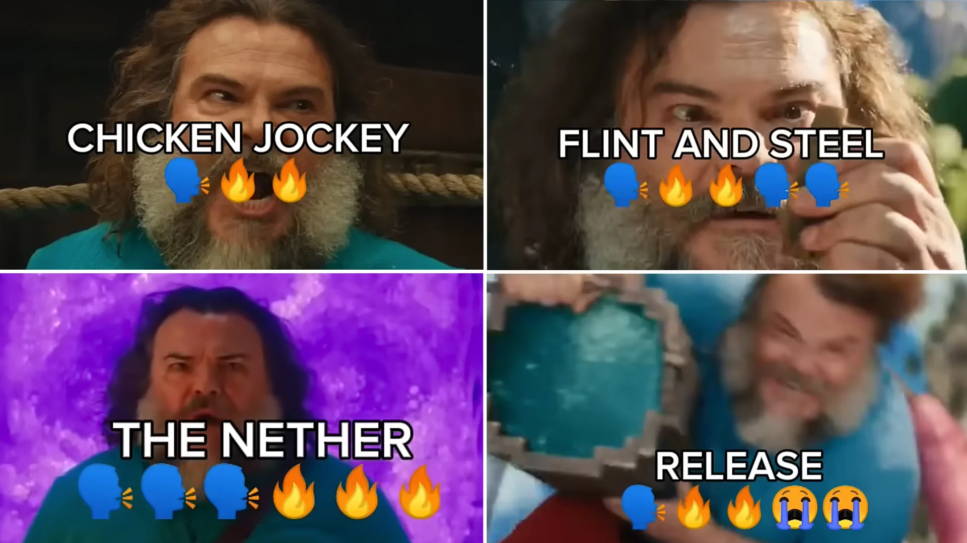 The original Minecraft Movie Quotes meme format showing Jack Black's character referencing in-game terminology.