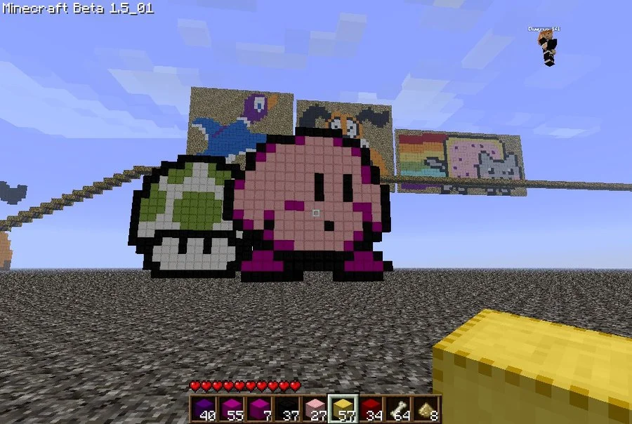 Kirby, a 1-Up mushroom, and Nyan Cat rendered as block-based pixel art inside Minecraft.