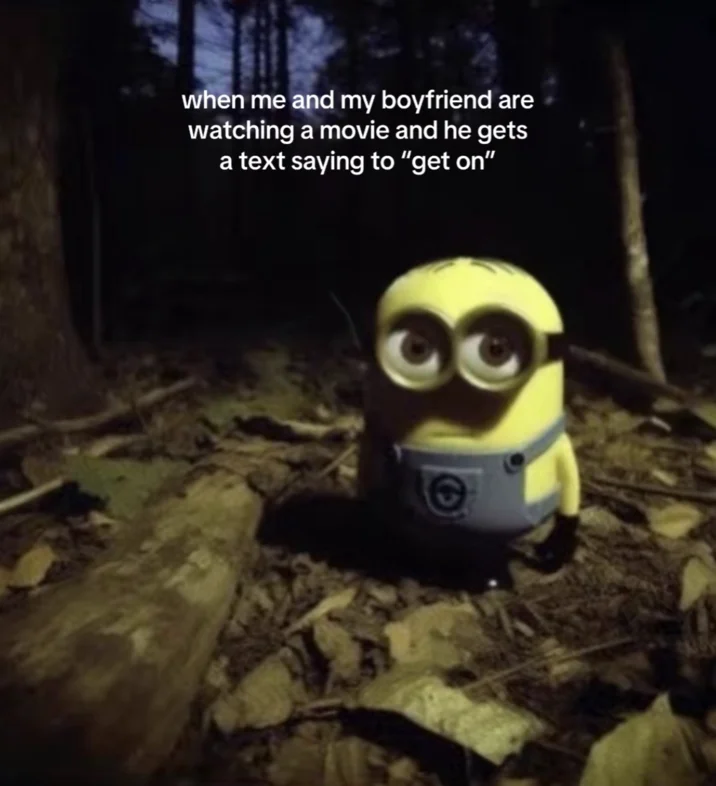 A jealous-girlfriend caption using the minion's wide eyes as a reaction to a partner being pulled into gaming.