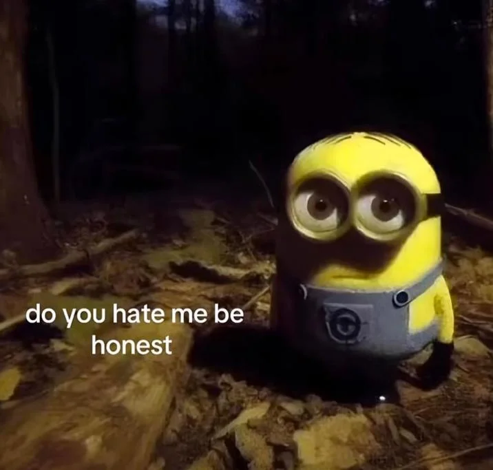 The minion's sad, pleading stare captioned as an anxious 'do you hate me' text-message vibe.