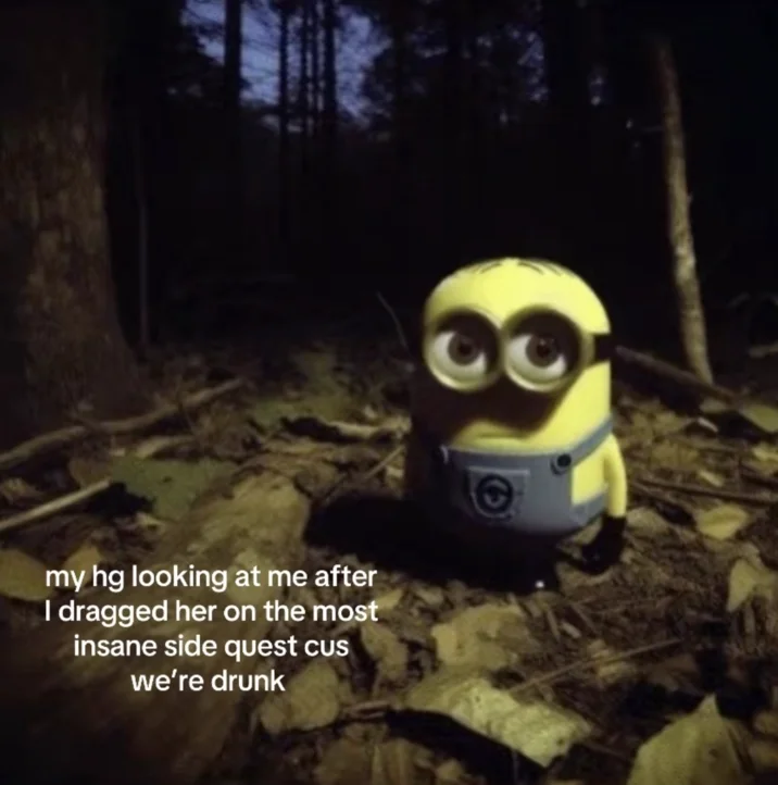 A friendship-reaction caption using the minion's stare as a best friend enduring a chaotic night out.