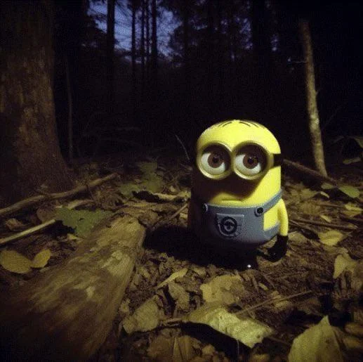 The unaltered source image of the minion in the forest, the base photo that spawned the reaction meme.