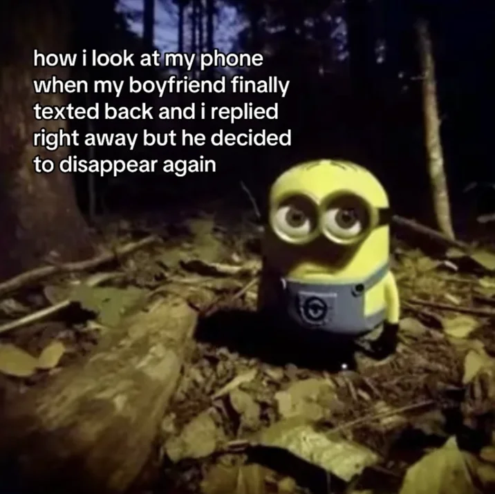 The minion's expectant stare captioned to depict the anxiety of a partner going silent after replying.