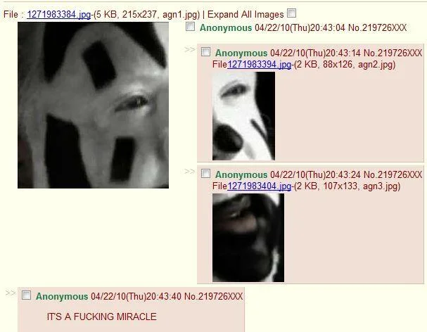 A 4chan thread joke referencing the 'fucking miracles' meme with cryptic close-ups of a Dalmatian.
