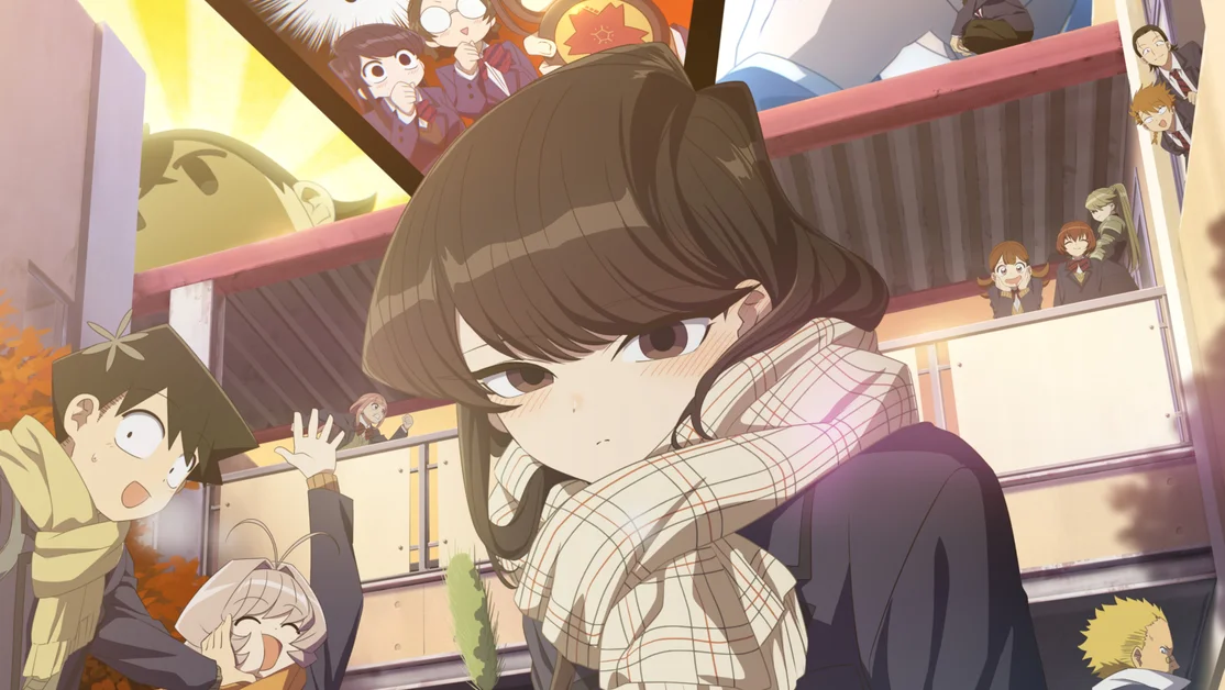 Official anime key visual for 'Komi Can't Communicate,' featuring the socially anxious protagonist Shouko Komi and her classmates.