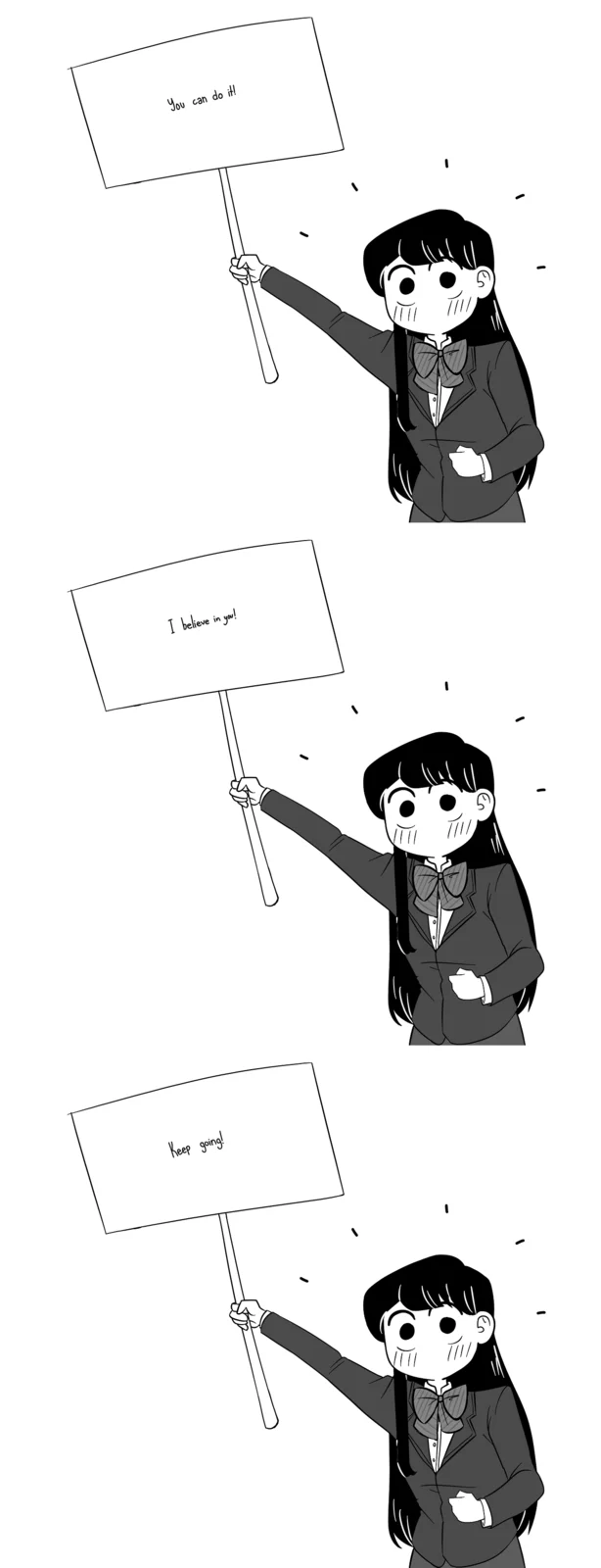 Fan-made wholesome comic of Komi holding up handwritten signs of encouragement, a popular meme format shared across social media.