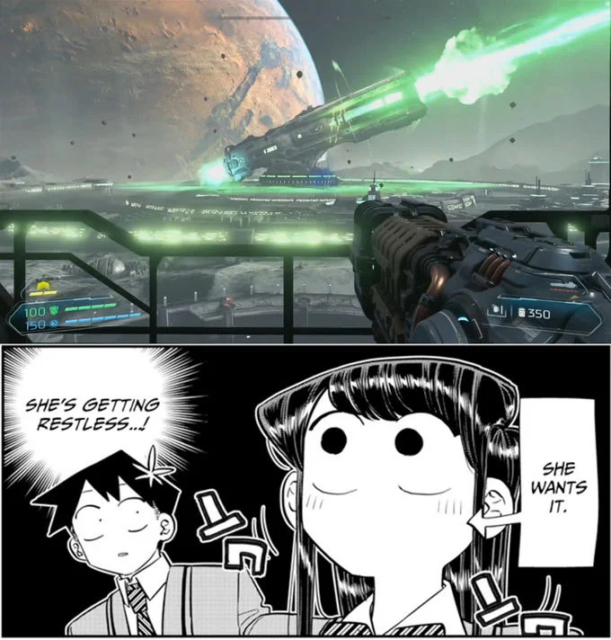 Crossover meme pairing a Halo scene with the 'She wants it' Komi-san reaction panel, illustrating how the meme template is remixed with other fandoms.