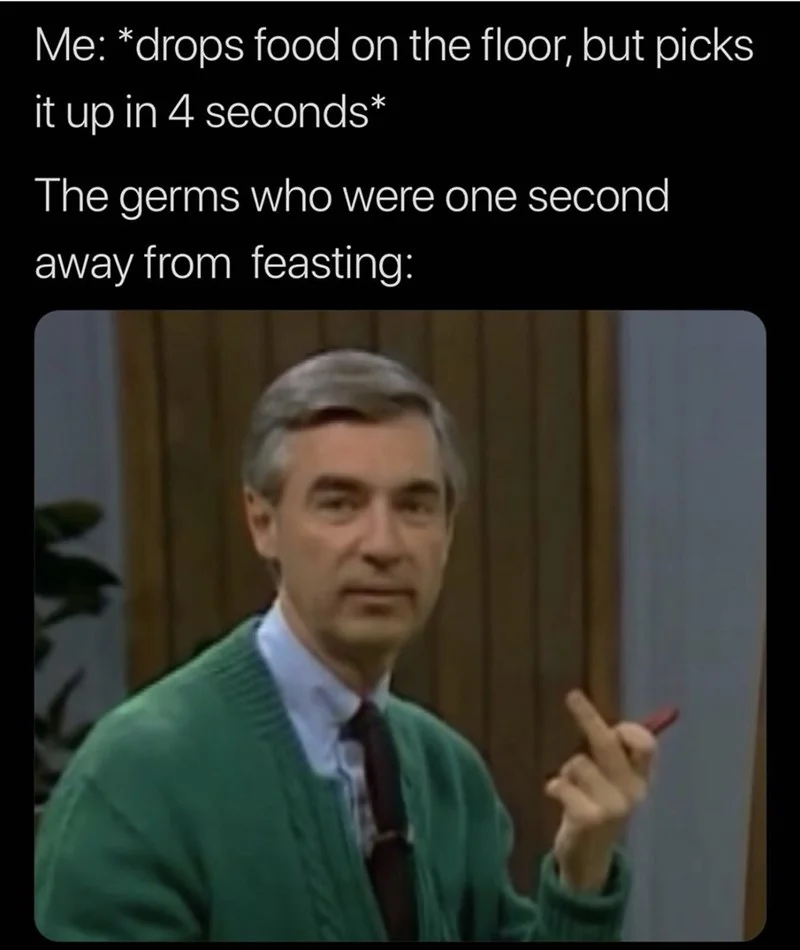 A humorous meme using Mister Rogers' skeptical pointing gesture to joke about the five-second rule.