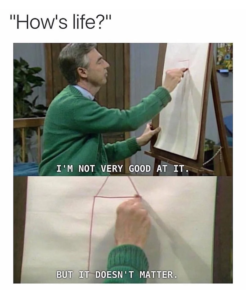 A wholesome two-panel meme built from a Mister Rogers' Neighborhood episode where Fred sketches on an easel.