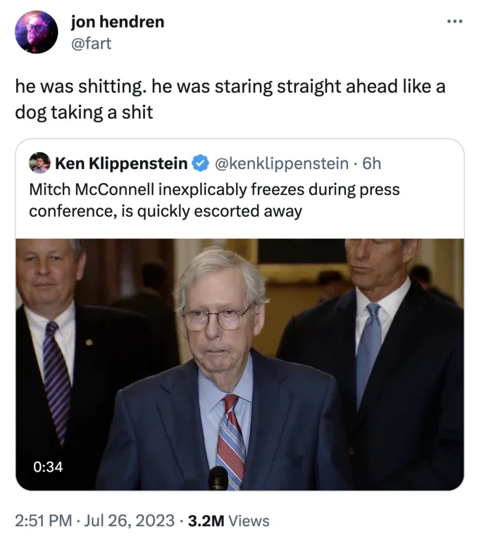Laura Loomer's viral reaction tweet to the original news report of McConnell freezing during the Senate GOP leadership press conference on July 26, 2023.
