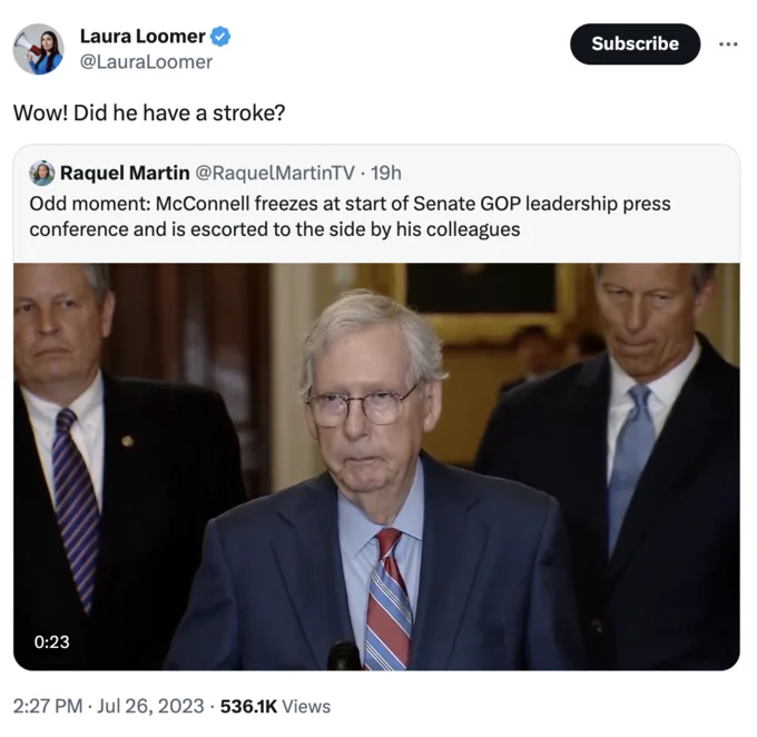 The most widely circulated exploitable of McConnell's freeze, edited with an Xbox 'Please reconnect controller' notification to joke that the senator had glitched mid-speech.
