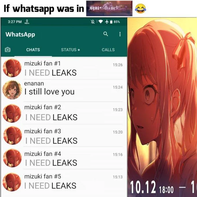 A meme lampooning the frenzied demand for Mizu5 story leaks in the days before the event's release.