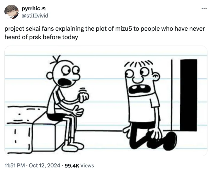 A viral tweet capturing how Project Sekai fans reacted when introducing outsiders to the intensity of the Mizu5 storyline.
