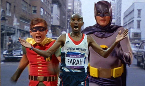 Absurd visual unity between superhero duo and runner.