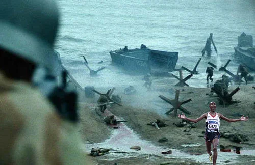 Gritty historical warfare scene with frantic escape.