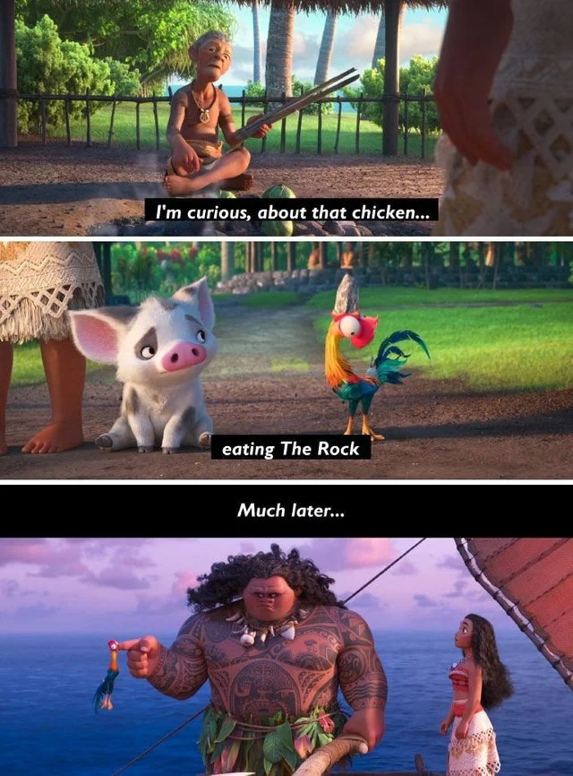 A three-panel joke meme playing on the fact that Heihei the chicken 'eats The Rock' — Dwayne Johnson, who voices Maui.