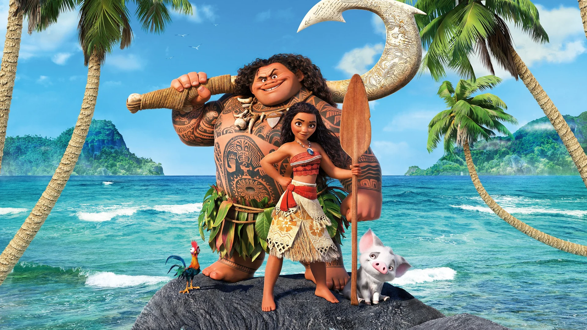 Official Disney promotional key art for Moana (2016) featuring the main cast — Moana, Maui, Heihei, and Pua.