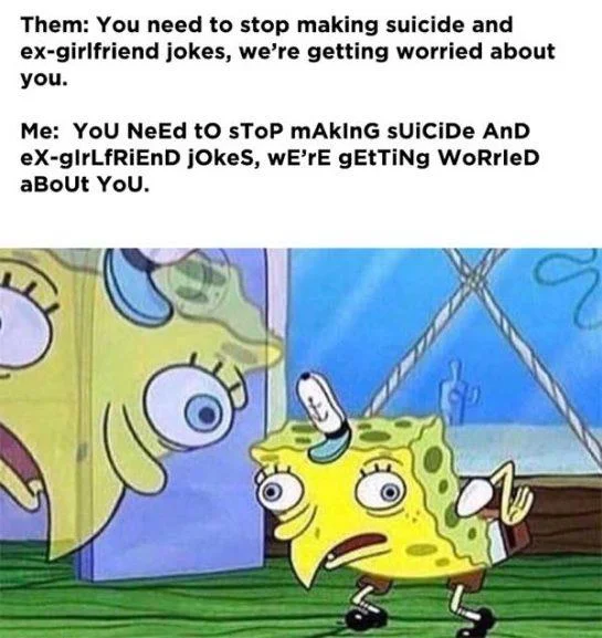 The core mocking text format with character reaction.