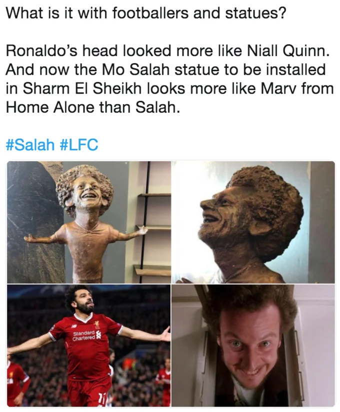 A viral tweet comparing the statue to Marv from Home Alone, part of a broader trend mocking bad footballer sculptures.