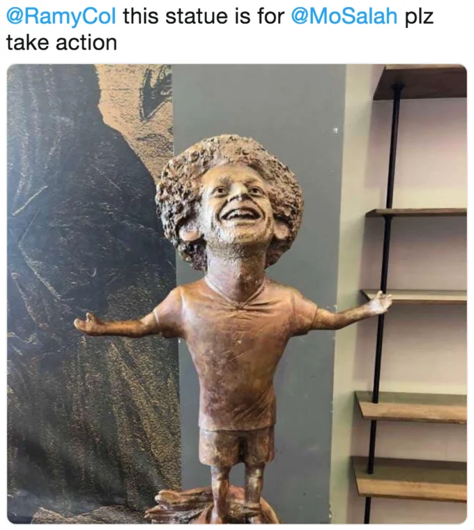 An early viral tweet reacting to the unveiling of the Mo Salah statue, tagging the footballer to intervene.