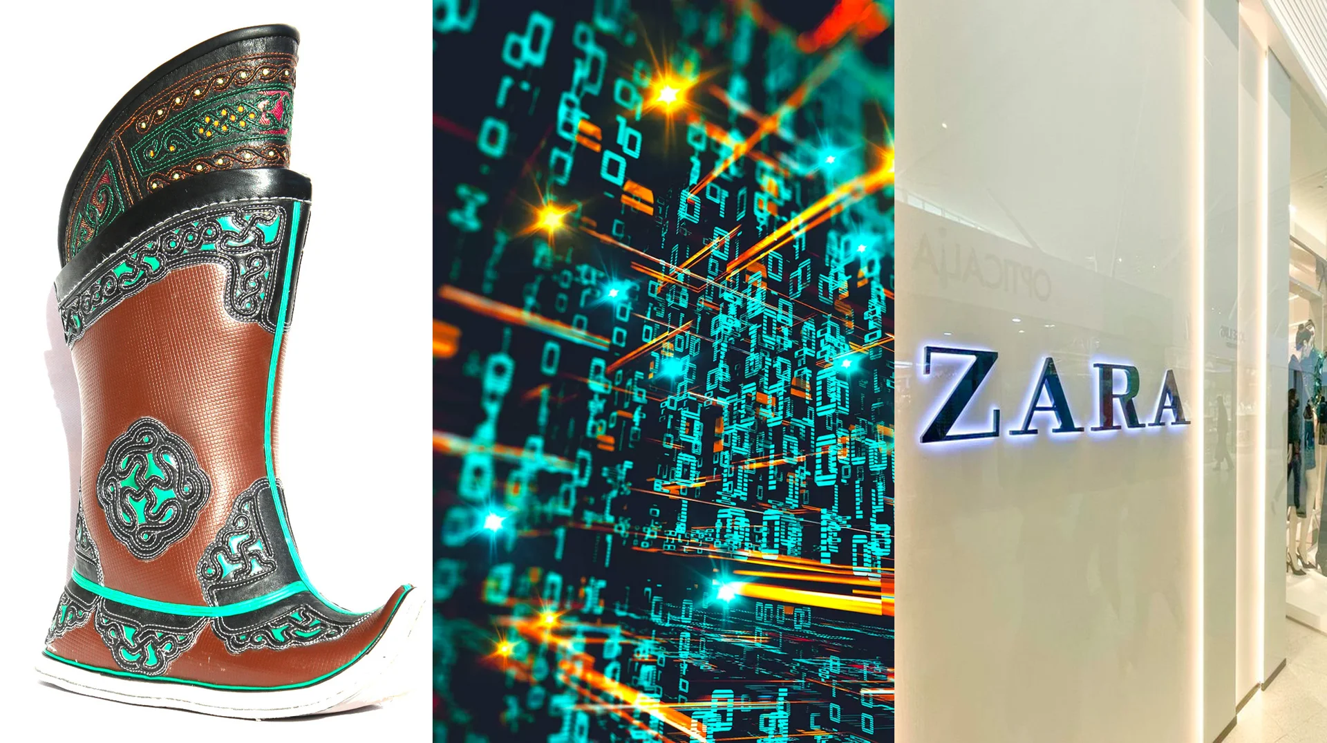 The three-panel header image representing the 'Mongolian Fishing Boots, Tech Extremists, Zara Employees' meme, combining a traditional Mongolian boot, tech aesthetics, and a Zara storefront.