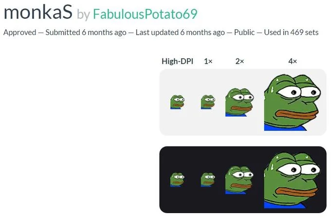 The monkaS emote as displayed on FrankerFaceZ, uploaded by FabulousPotato69 and used across 469 Twitch channels.