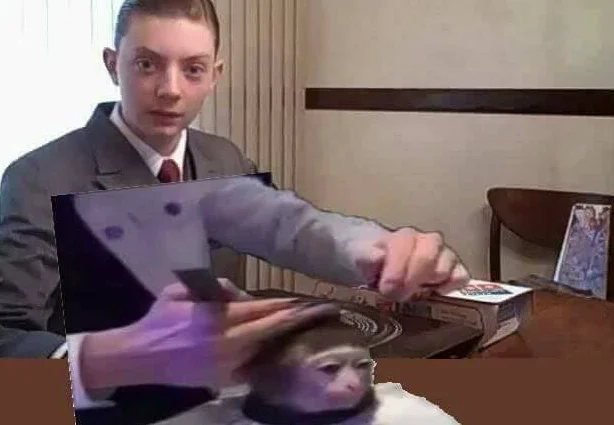 A remix imagining the monkey emerging from his haircut as Rambo, one of many 'transformation' variants of the meme.