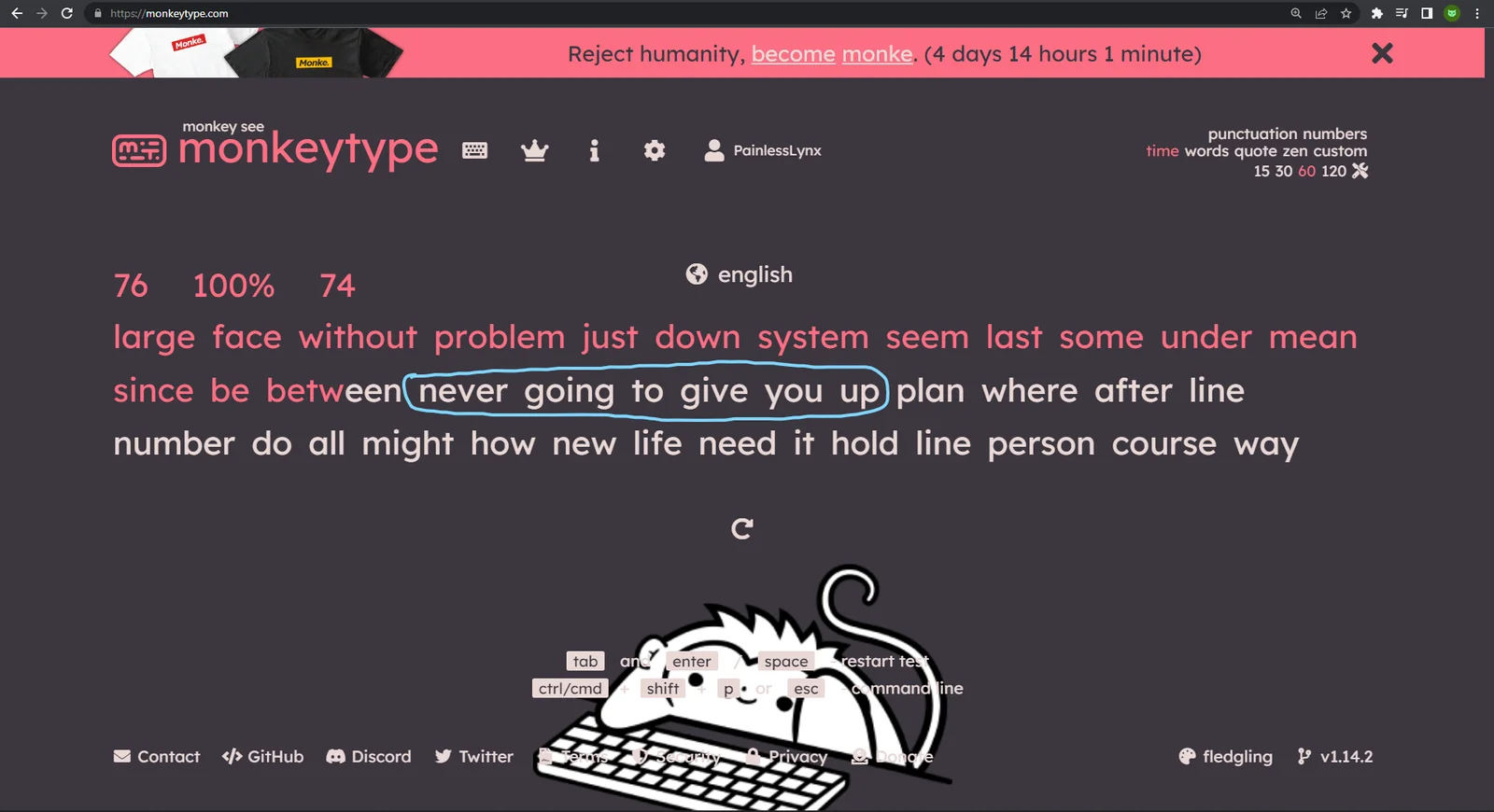 Monkeytype website screenshot showing typing test interface and mascot