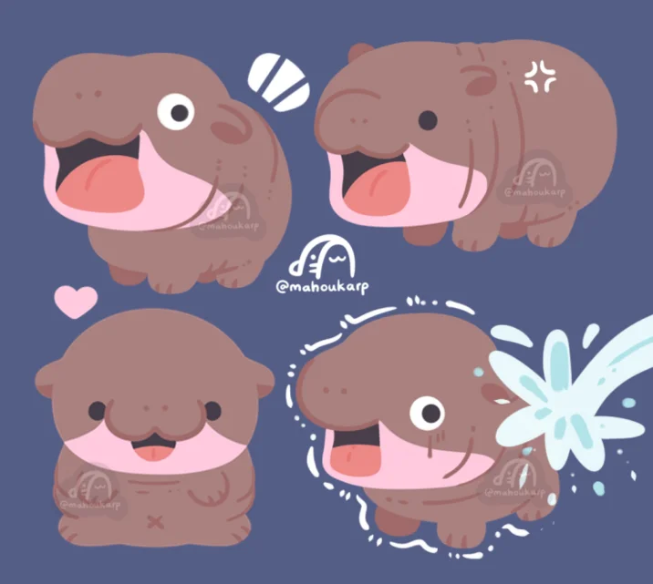 Cartoon hippo emotion expressions.