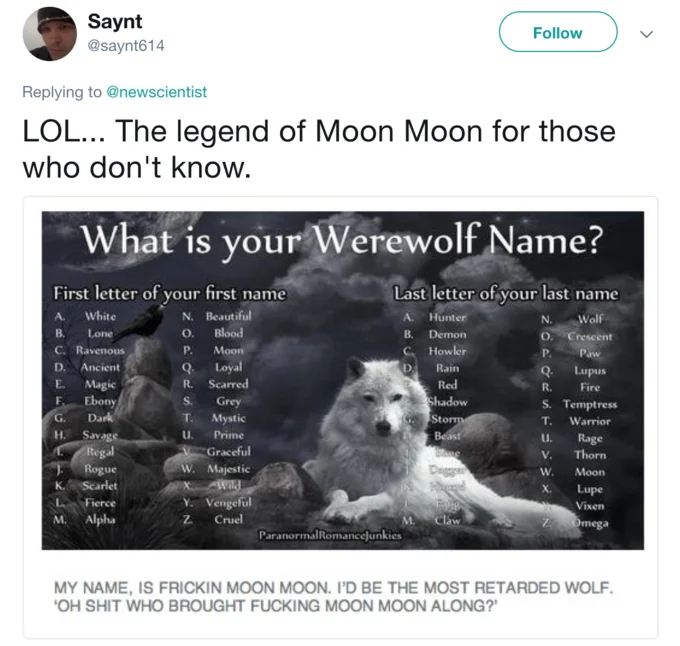 The 2018 New Scientist tweet about astronomical 'moonmoons' that revived interest in the Moon Moon meme on Twitter.