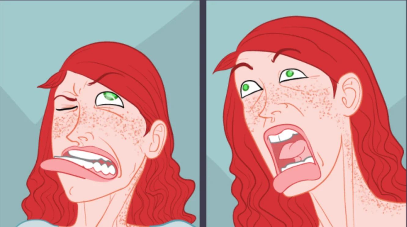 The distinctive exaggerated facial expressions from 'Moon Over June' that became widely mocked and meme-ified online.