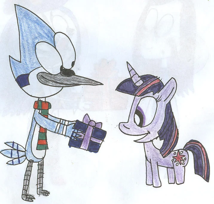 A wholesome hand-drawn Mordetwi holiday illustration of Mordecai offering Twilight Sparkle a wrapped present.