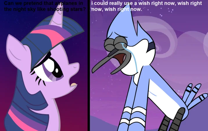 A cleaner remake of the classic Airplanes-lyrics Mordetwi meme, pairing Twilight Sparkle and Mordecai in shared melodrama.