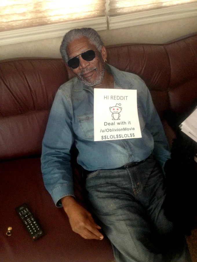 Morgan Freeman's follow-up 'Deal with it' response photo after skepticism about his original Reddit AMA verification.