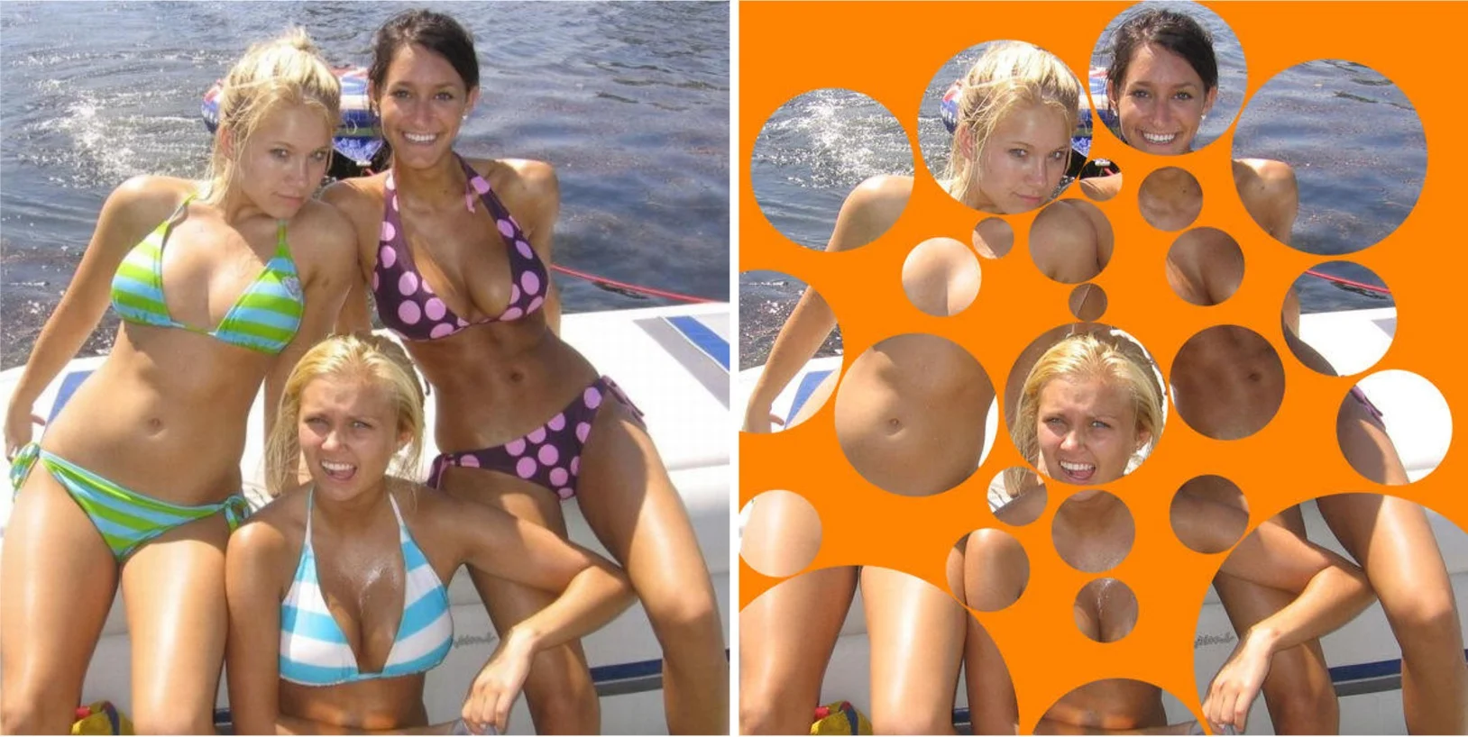 The classic before/after demonstration of 'bubble porn' or 'Mormon porn' — a censoring technique where orange circles cover skin, leaving only faces and small patches visible.