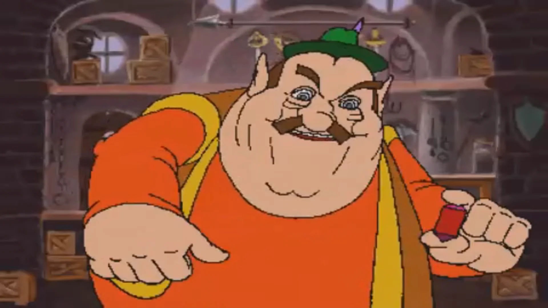 Morshu the shopkeeper from the CD-i cutscene, the source image that spawned the long-running 'lamp oil, rope, bombs' meme.