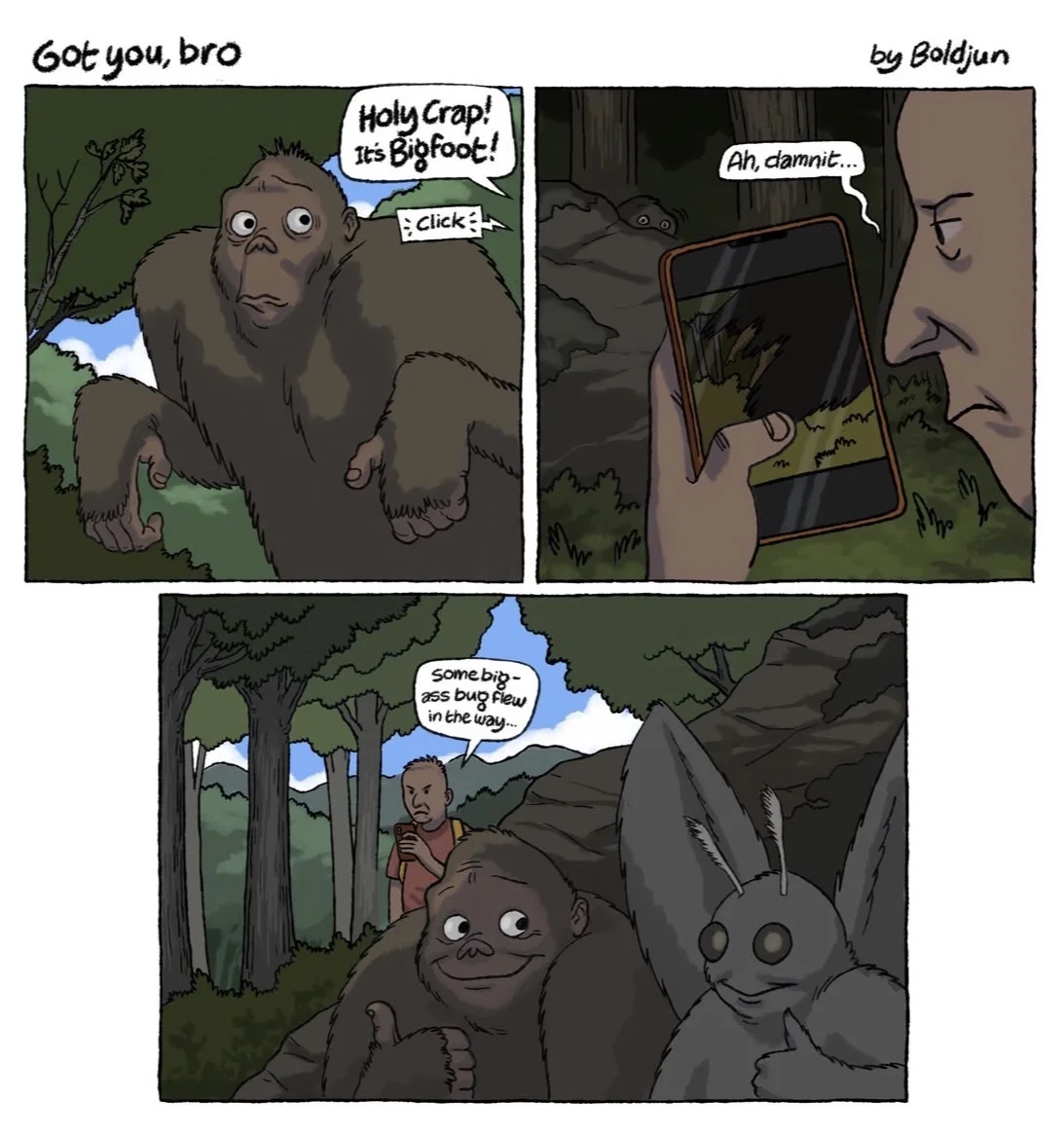 A webcomic by Boldjun humorously depicting Mothman photobombing a picture of Bigfoot.