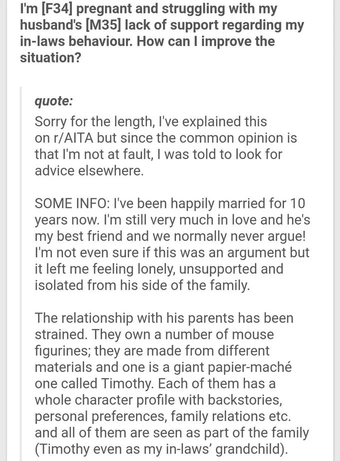 The opening of the original r/relationships post that introduced the mouse figurines and the papier-mache mouse called Timothy.