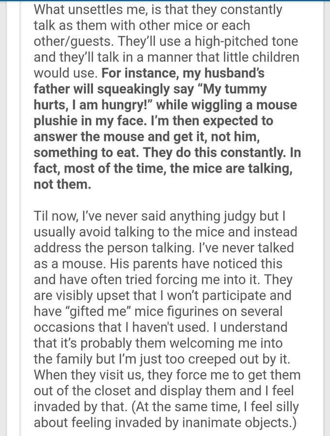Continuation of the post, describing how the in-laws animate and speak as the mouse figurines.