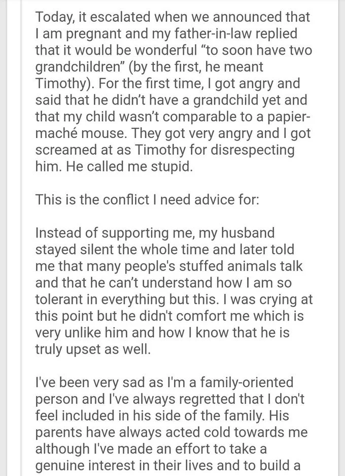 The pivotal moment of the story, where the father-in-law calls Timothy the papier-mache mouse his grandchild.