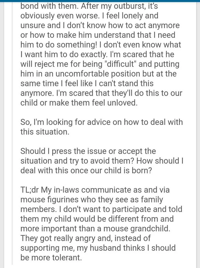 The TL;DR wrap-up of the viral post, summarizing the family conflict over the mouse figurines.