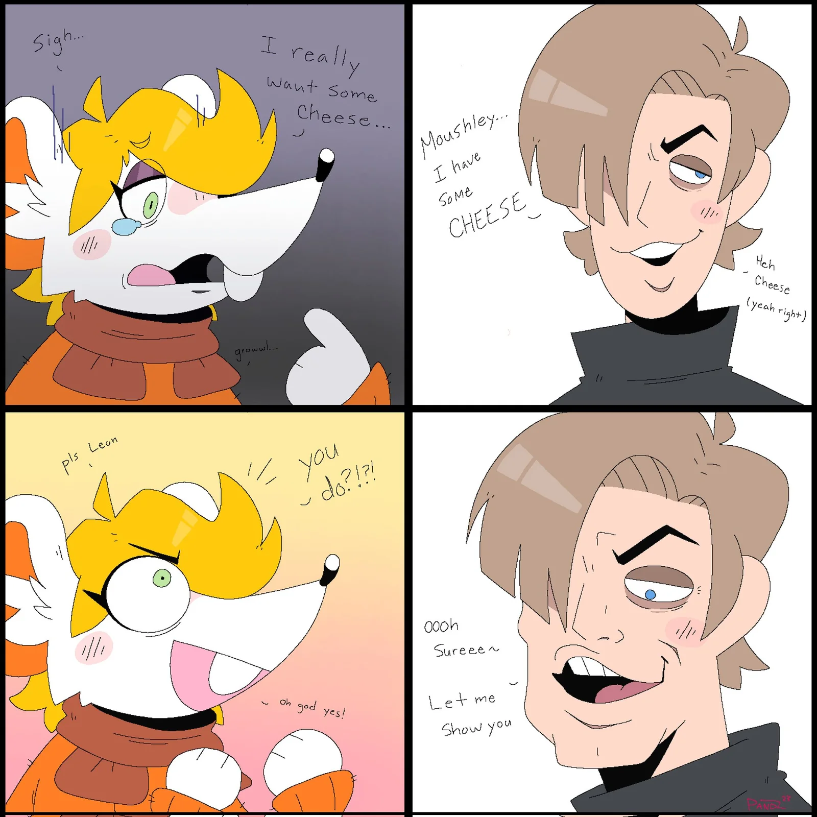 Comedic art emphasizing size contrast with characters.