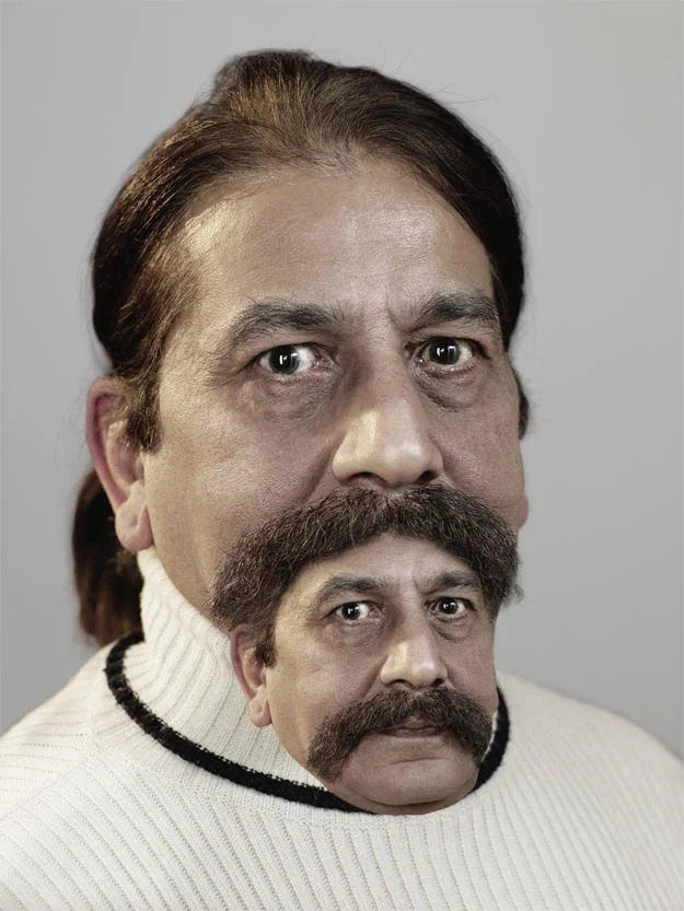 A moustair example where a man's handlebar moustache is composed of a miniature copy of his own face.
