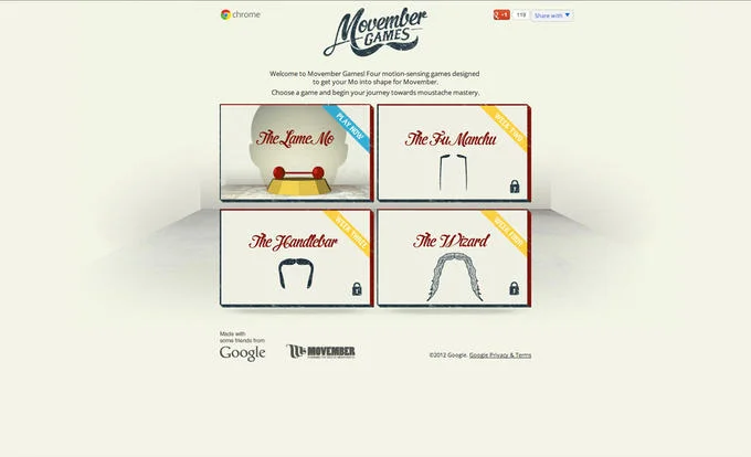 Google's 'Movember Games' Chrome experiment, a set of motion-sensing games designed to celebrate mustache-growing during Movember.